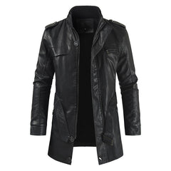 Men's Mid-length Fleece-lined Casual Stand Collar Leather Wind Coat