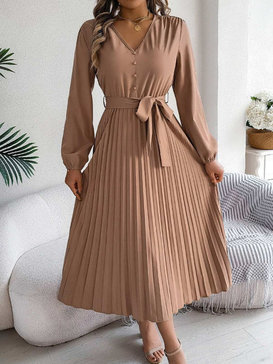 pleated-tied-v-neck-long-sleeve-dress