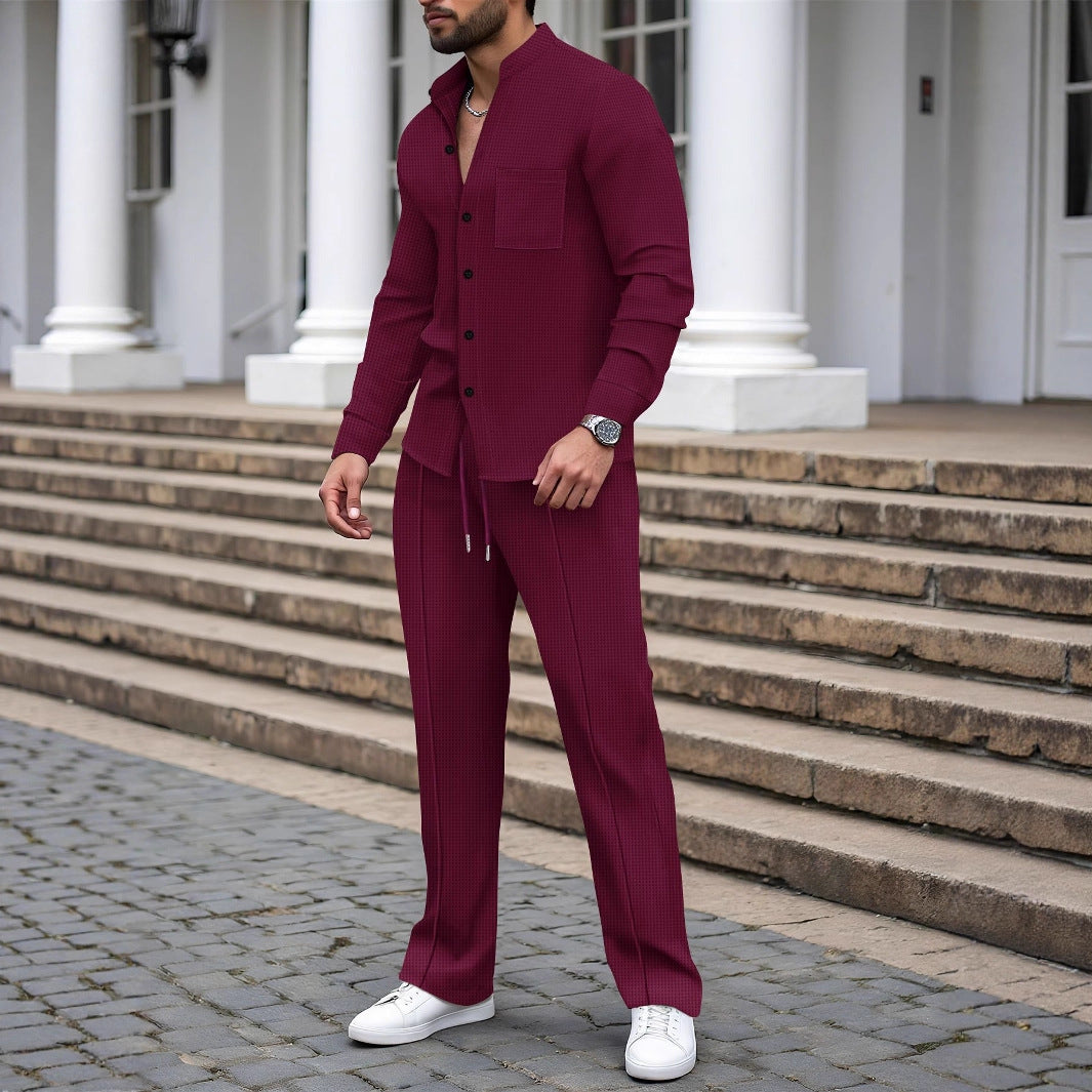 Waffle-Textured Shirt And Pants Casual Set