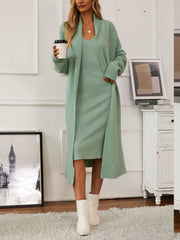 v-neck-cami-dress-and-open-front-cardigan-sweater-set