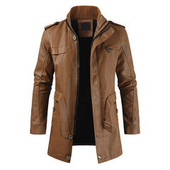 Men's Mid-length Fleece-lined Casual Stand Collar Leather Wind Coat