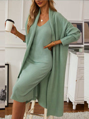 v-neck-cami-dress-and-open-front-cardigan-sweater-set