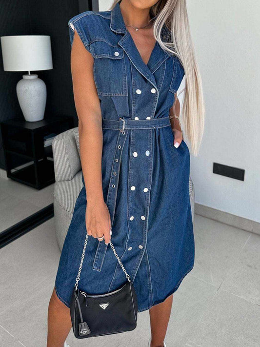 collared-neck-cap-sleeve-denim-dress
