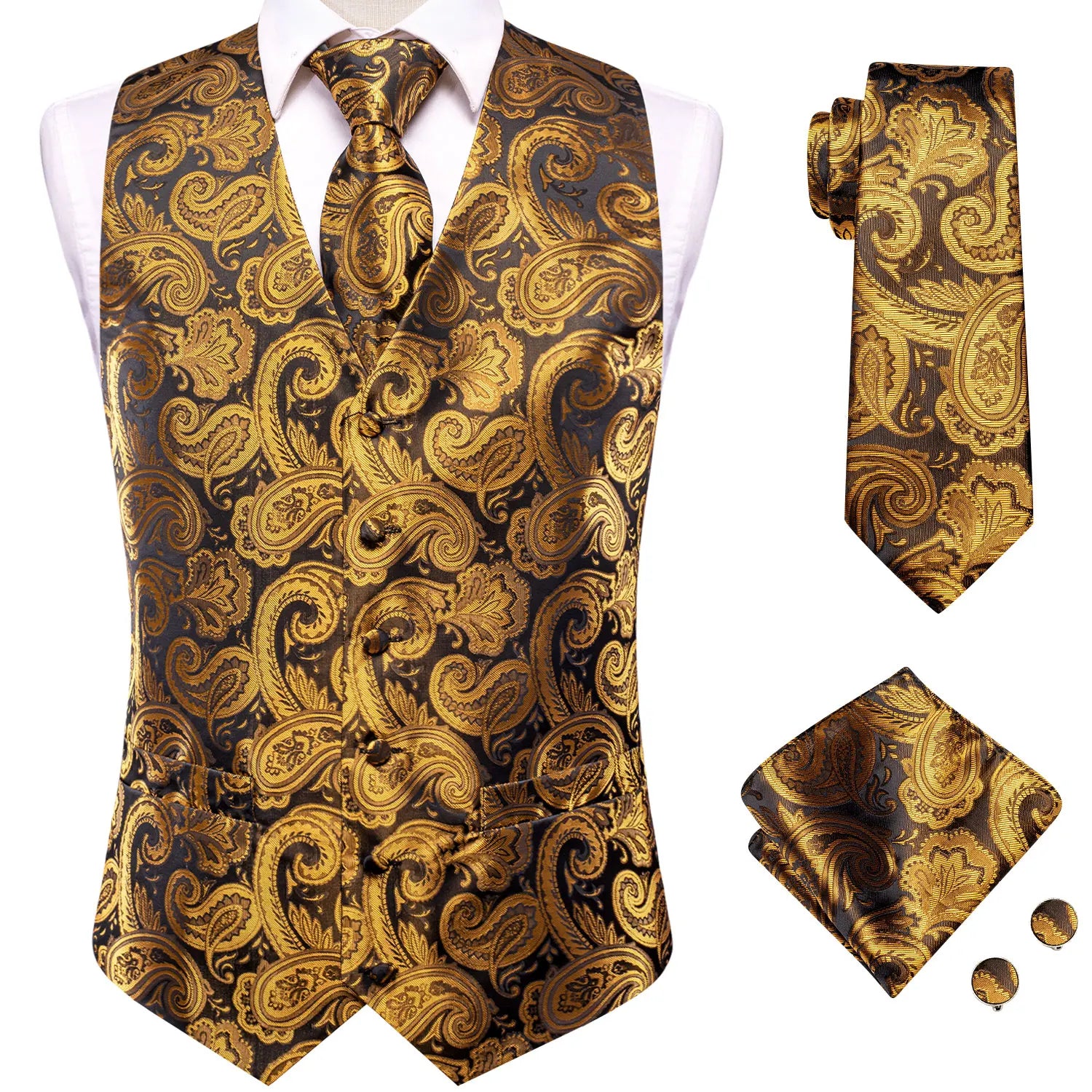 Hi-Tie 20 Color Silk Men's Vests Tie Business Formal Dress Slim Sleeveless Jacket 4PC Hanky Cufflink Blue Paisley Suit Waistcoat