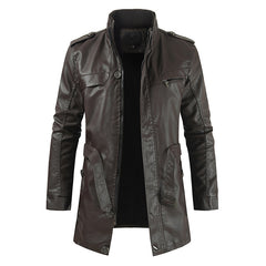 Men's Mid-length Fleece-lined Casual Stand Collar Leather Wind Coat