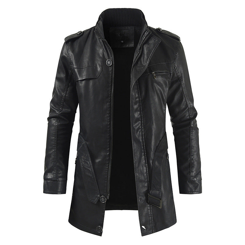 Men's Mid-length Fleece-lined Casual Stand Collar Leather Wind Coat