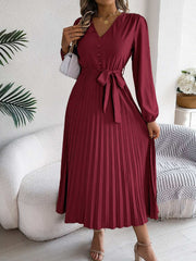 pleated-tied-v-neck-long-sleeve-dress