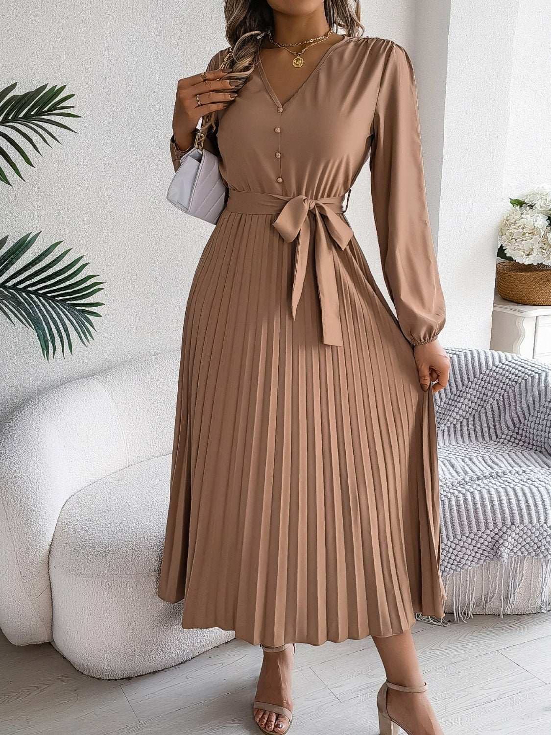 pleated-tied-v-neck-long-sleeve-dress