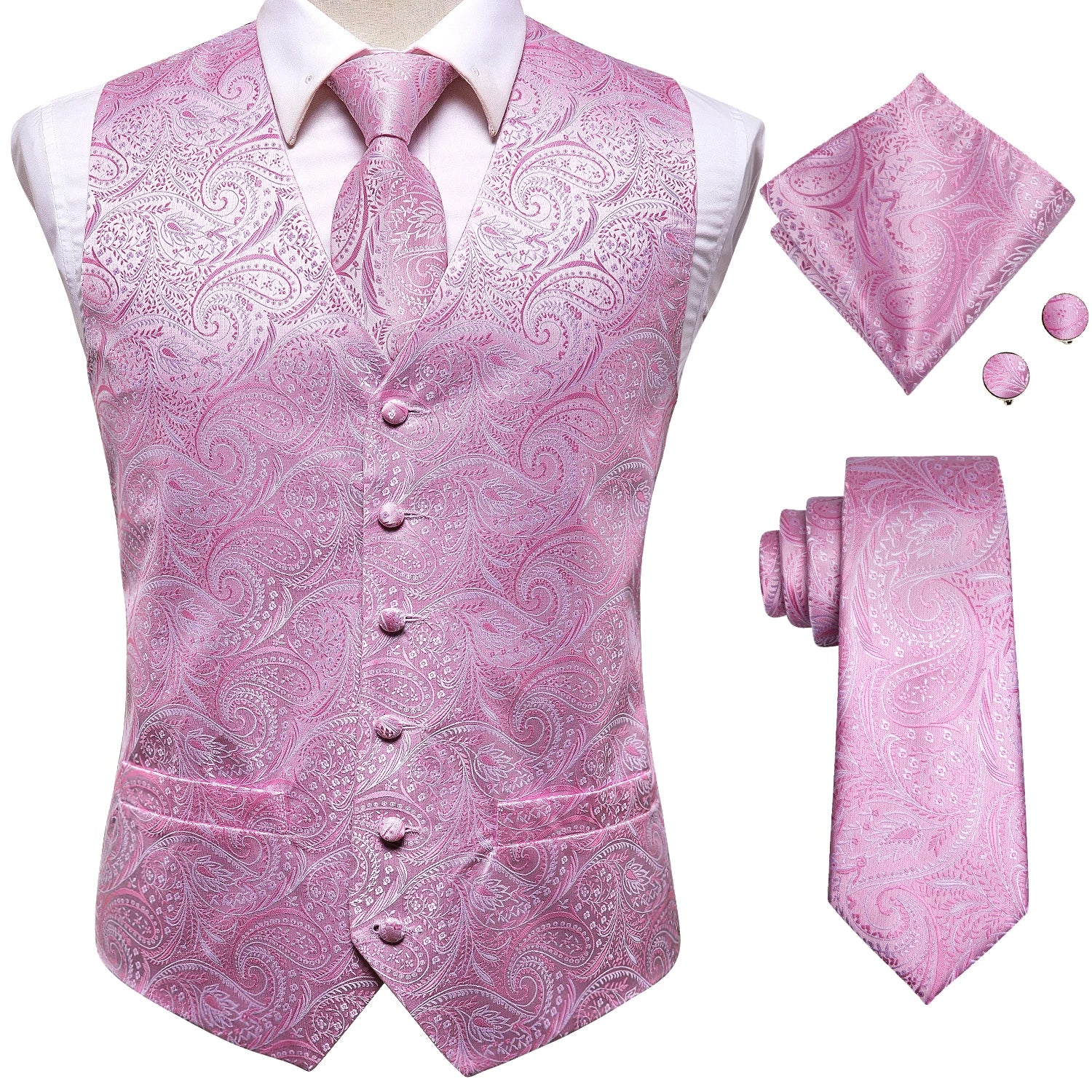 Hi-Tie 20 Color Silk Men's Vests Tie Business Formal Dress Slim Sleeveless Jacket 4PC Hanky Cufflink Blue Paisley Suit Waistcoat