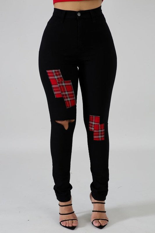 Plaid Patch Skinny Jean