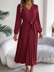 pleated-tied-v-neck-long-sleeve-dress