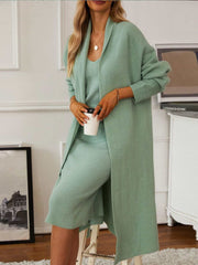 v-neck-cami-dress-and-open-front-cardigan-sweater-set
