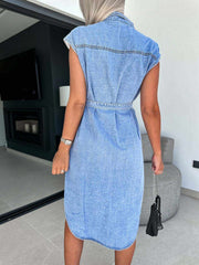 collared-neck-cap-sleeve-denim-dress