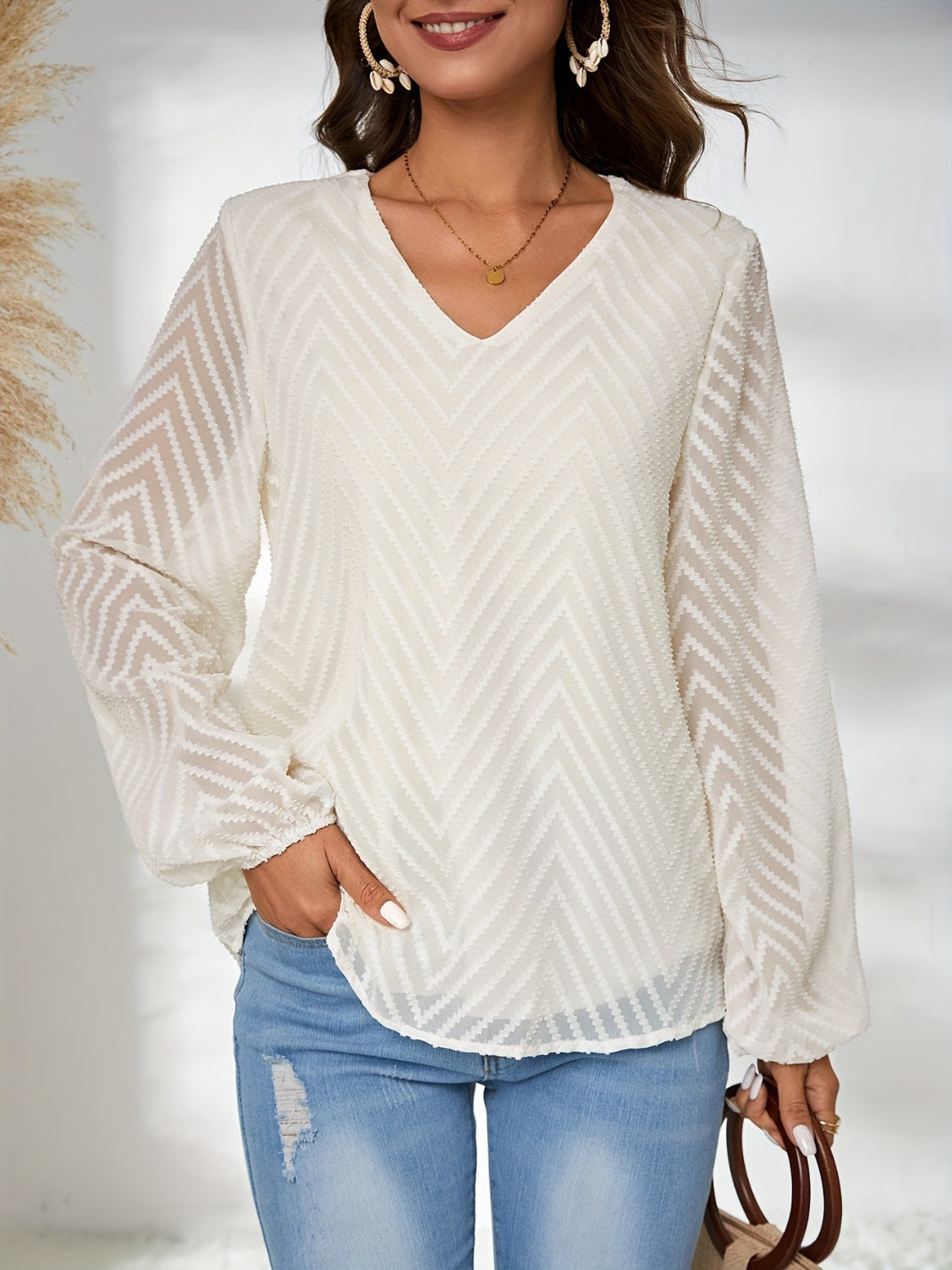 Textured V-Neck Balloon Sleeve Blouse