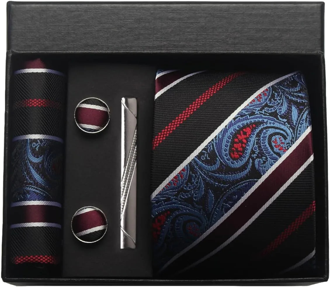 100% Silk Necktie Paisley Floral Mens Tie Top Quality Business Tie Pocket Square Tie Clip Cufflinks Set Classic For Men Gift Box