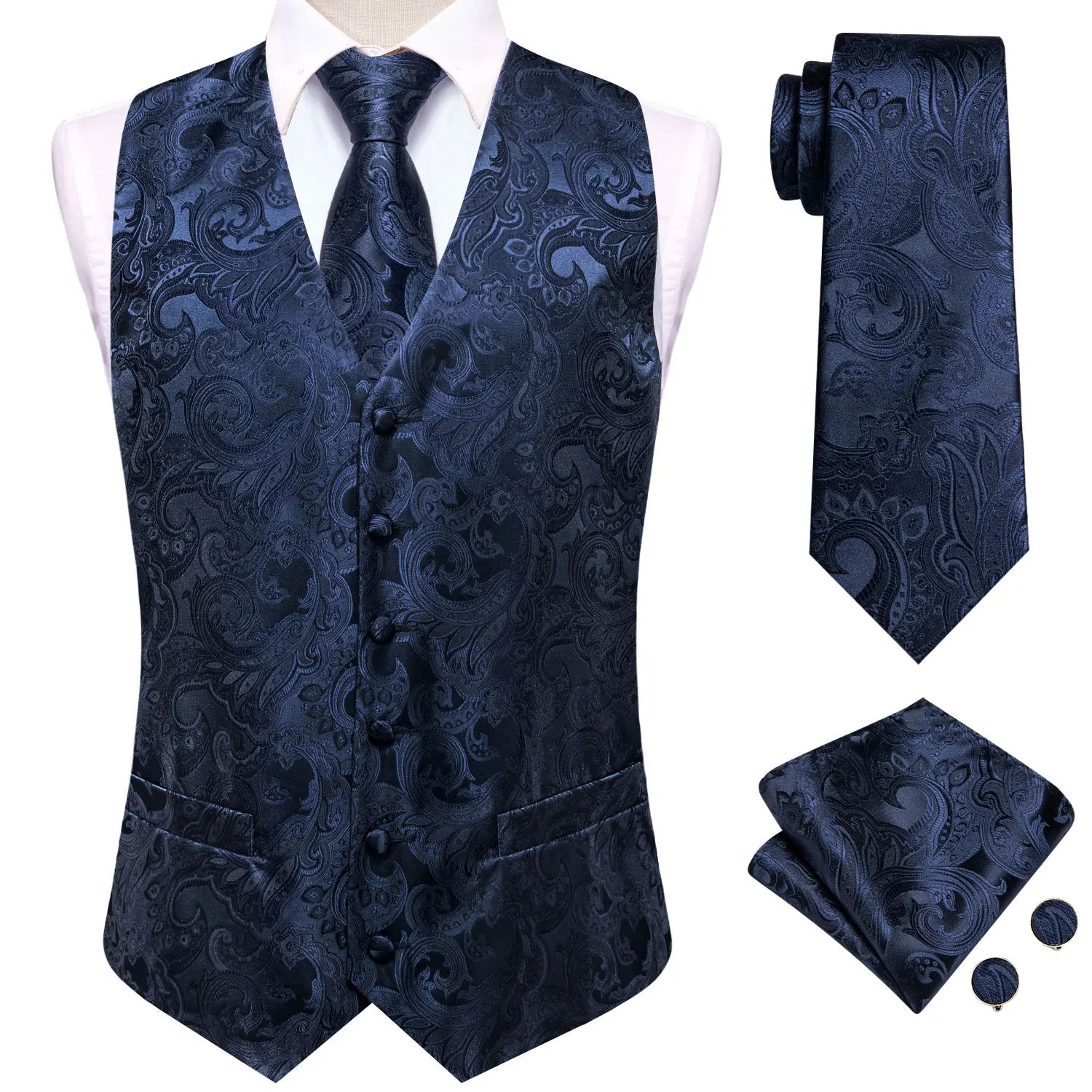 Hi-Tie 20 Color Silk Men's Vests Tie Business Formal Dress Slim Sleeveless Jacket 4PC Hanky Cufflink Blue Paisley Suit Waistcoat