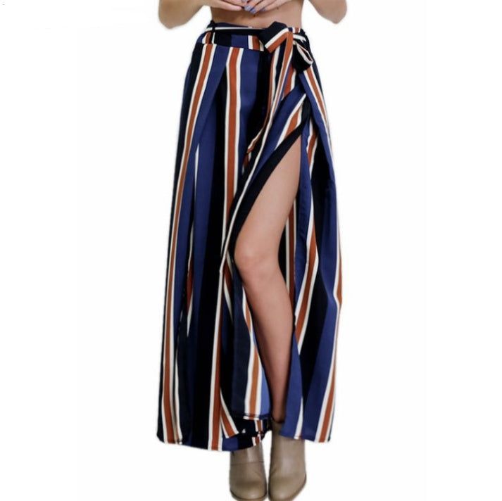 Striped Split Wide-Leg Casual Pants