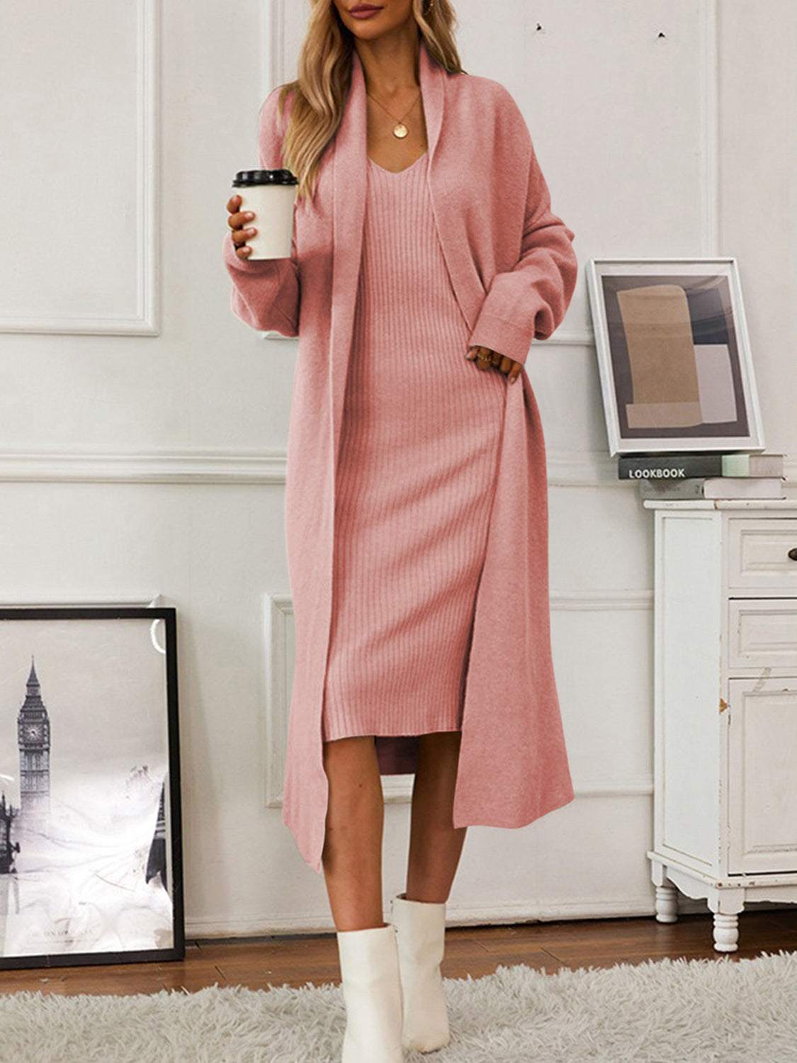 v-neck-cami-dress-and-open-front-cardigan-sweater-set