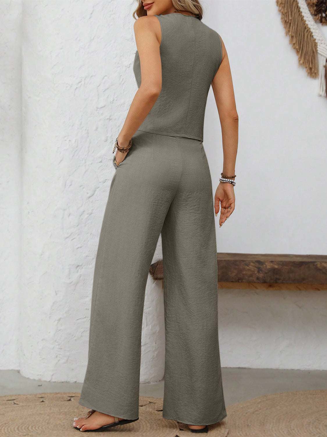 v-neck-button-down-vest-and-wide-leg-pants-set