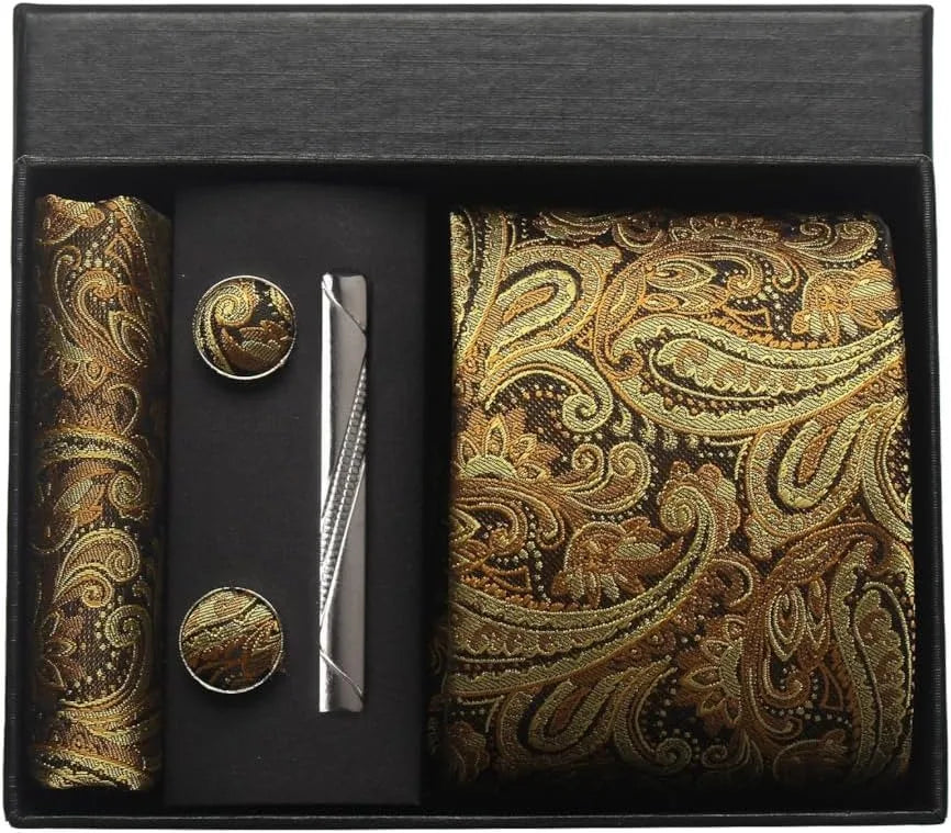 100% Silk Necktie Paisley Floral Mens Tie Top Quality Business Tie Pocket Square Tie Clip Cufflinks Set Classic For Men Gift Box