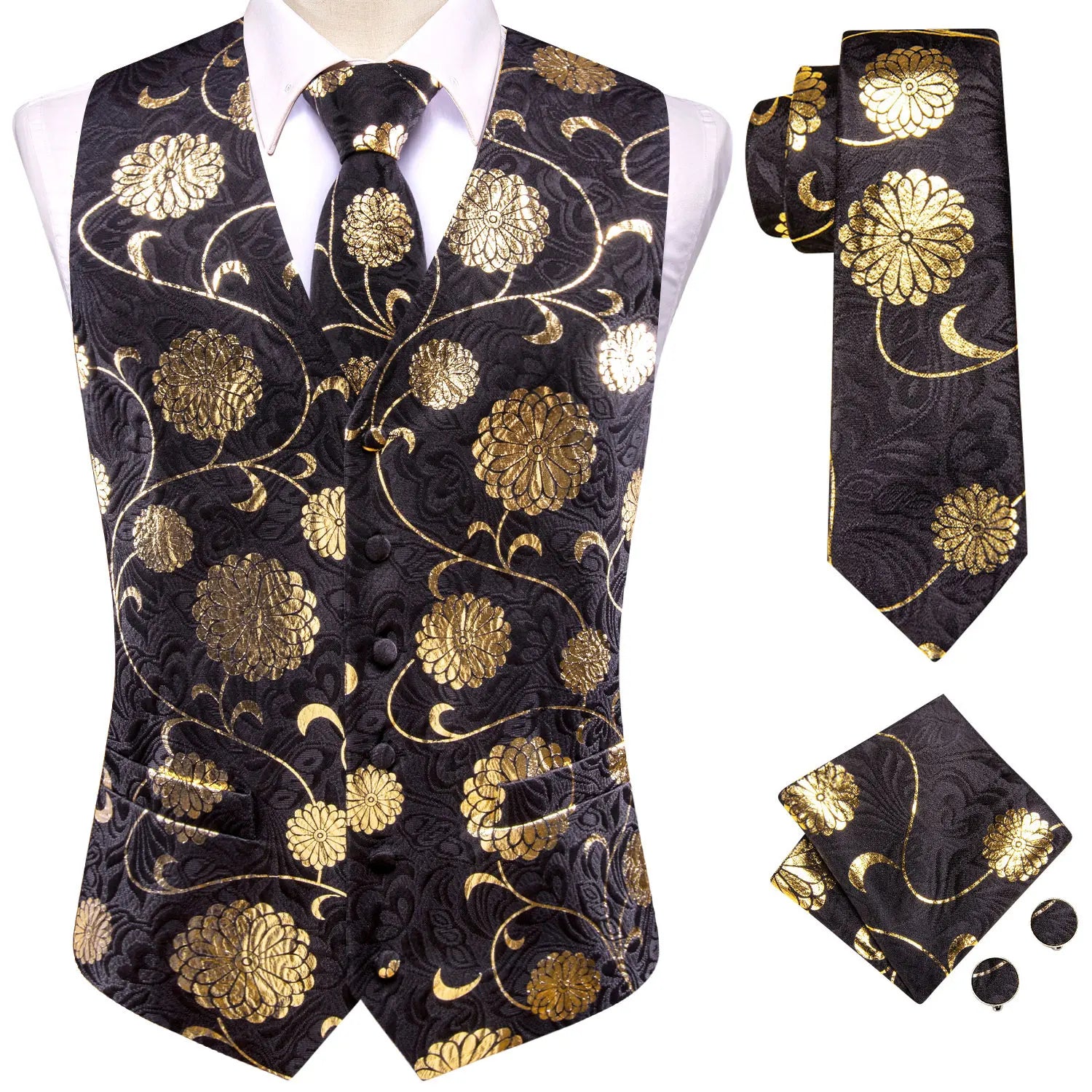 Hi-Tie 20 Color Silk Men's Vests Tie Business Formal Dress Slim Sleeveless Jacket 4PC Hanky Cufflink Blue Paisley Suit Waistcoat