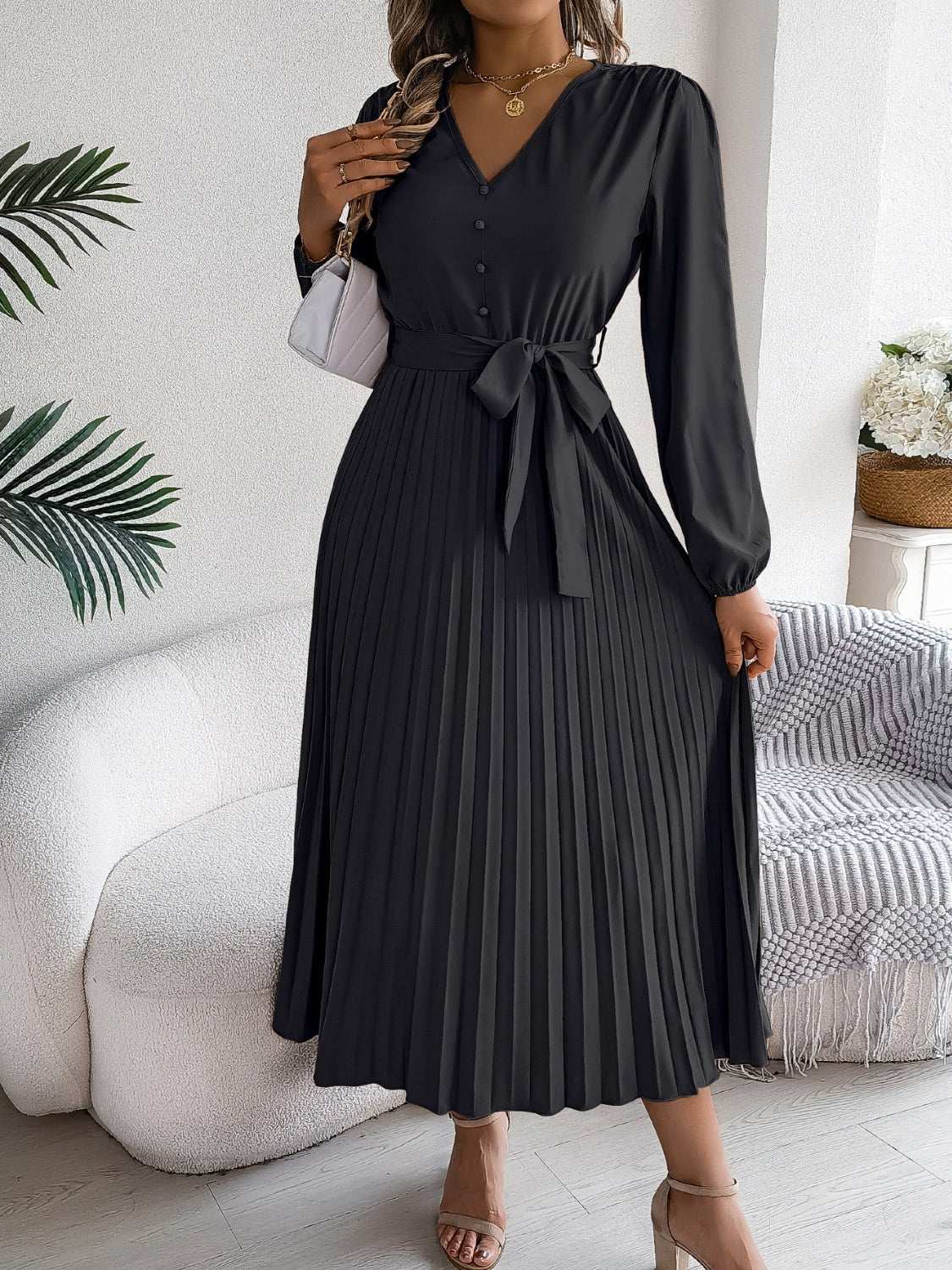 pleated-tied-v-neck-long-sleeve-dress