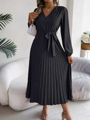 pleated-tied-v-neck-long-sleeve-dress