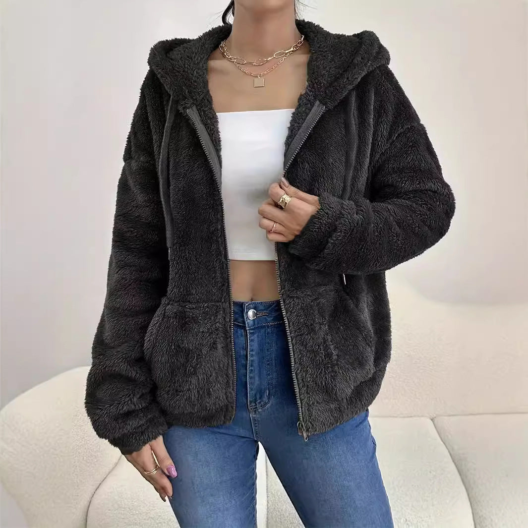 Zipper And Plush Cozy Loose Hoodie