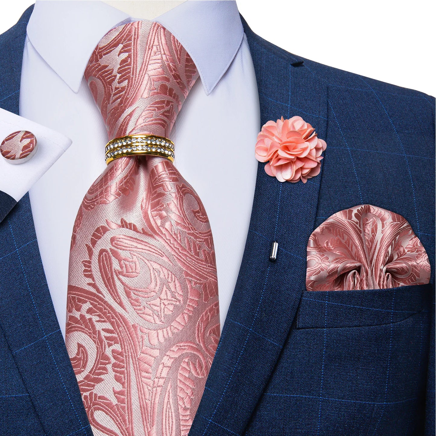 New Designer Blue Red Paisley Ties For Men Wedding Party Neck Tie Luxury Tie Ring Brooch 100% Silk Tie Set Gift For Men DiBanGu