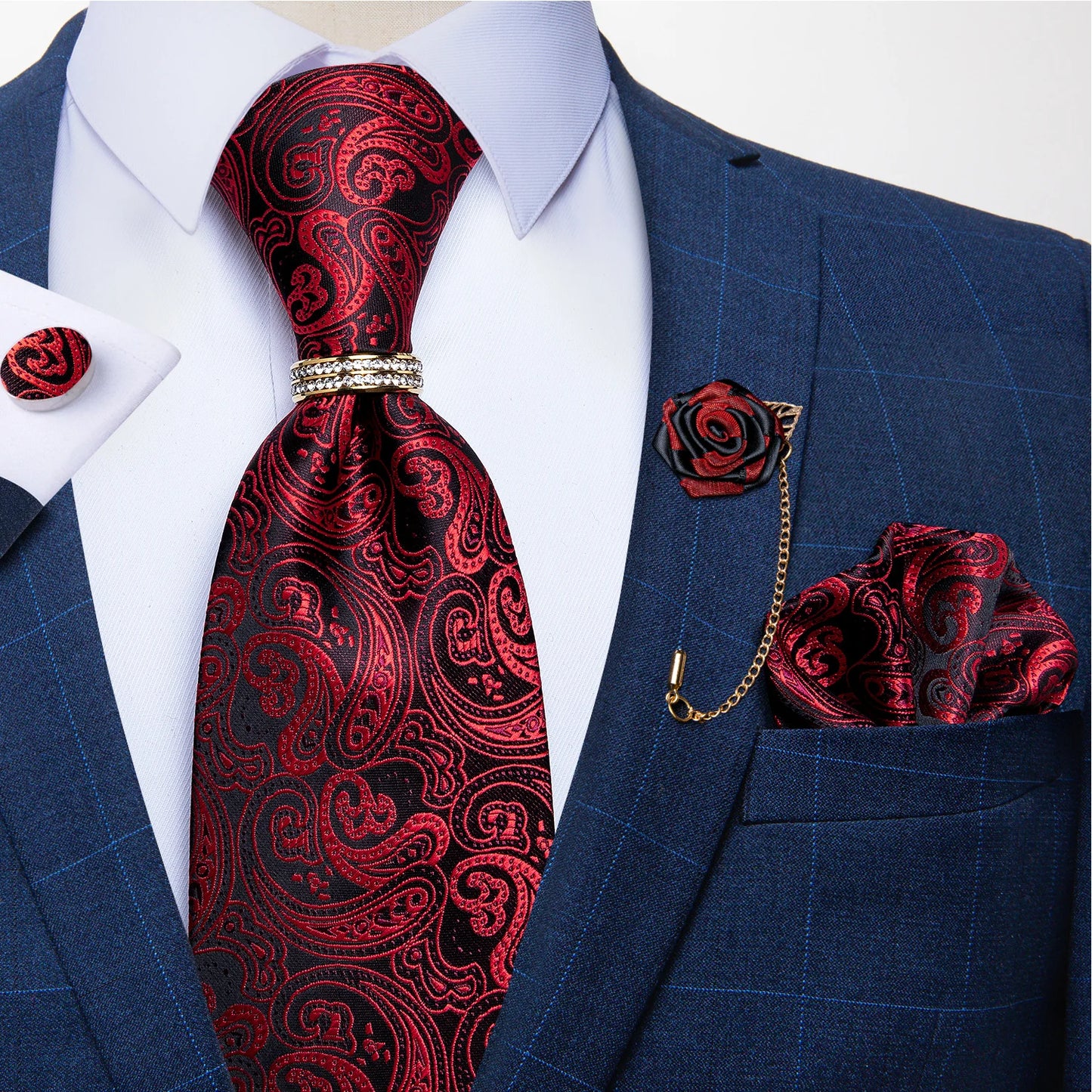 New Designer Blue Red Paisley Ties For Men Wedding Party Neck Tie Luxury Tie Ring Brooch 100% Silk Tie Set Gift For Men DiBanGu