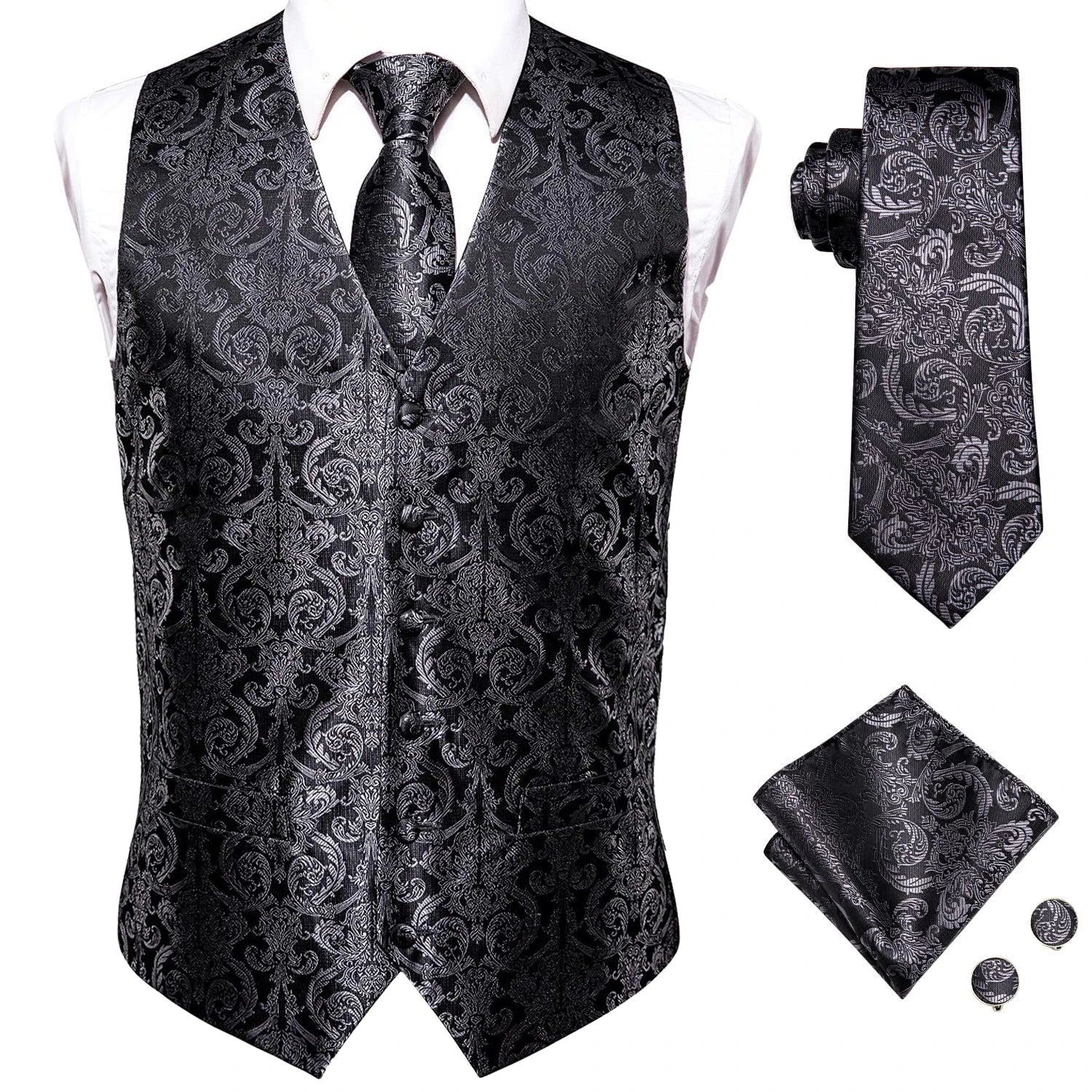 Hi-Tie 20 Color Silk Men's Vests Tie Business Formal Dress Slim Sleeveless Jacket 4PC Hanky Cufflink Blue Paisley Suit Waistcoat