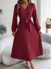 pleated-tied-v-neck-long-sleeve-dress