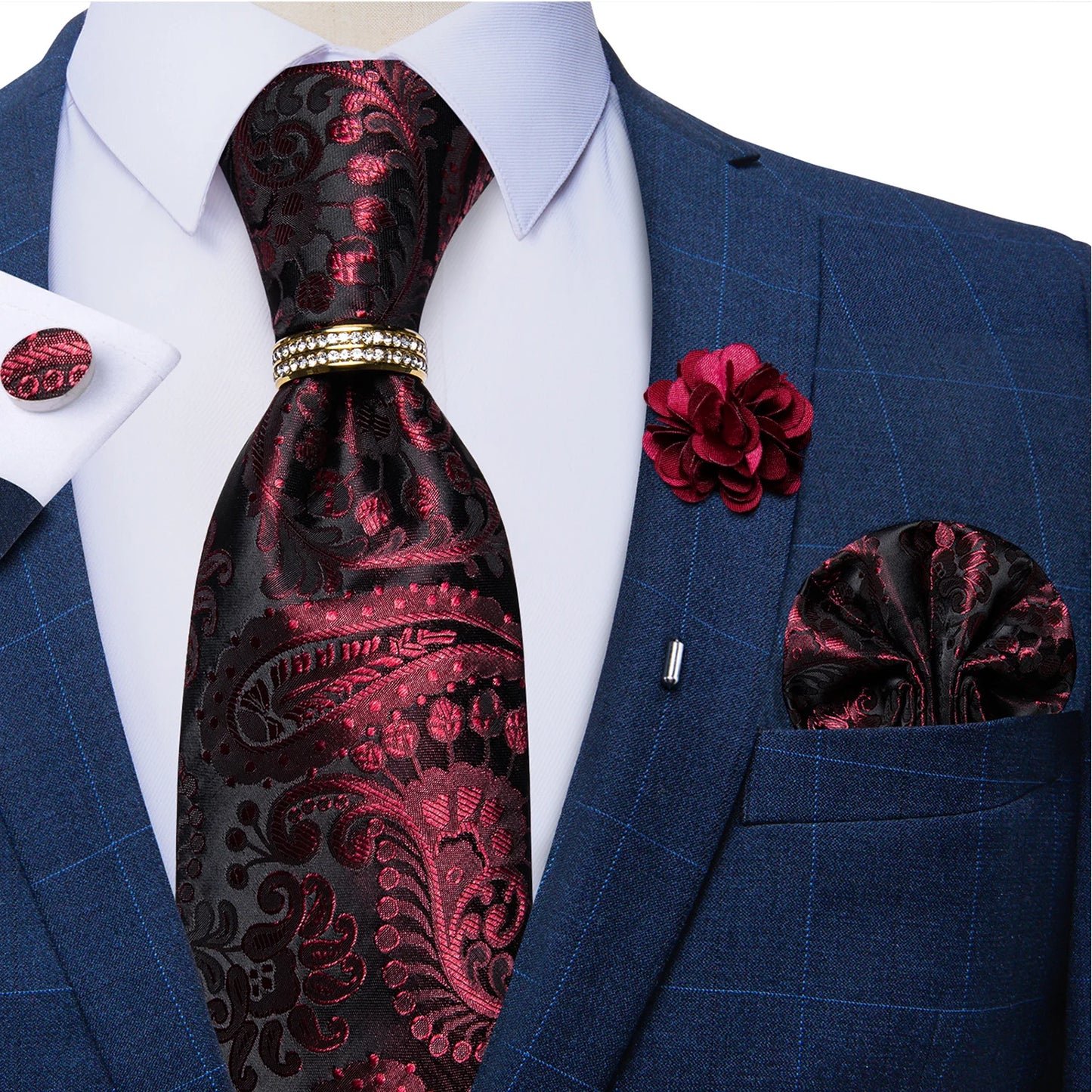 New Designer Blue Red Paisley Ties For Men Wedding Party Neck Tie Luxury Tie Ring Brooch 100% Silk Tie Set Gift For Men DiBanGu