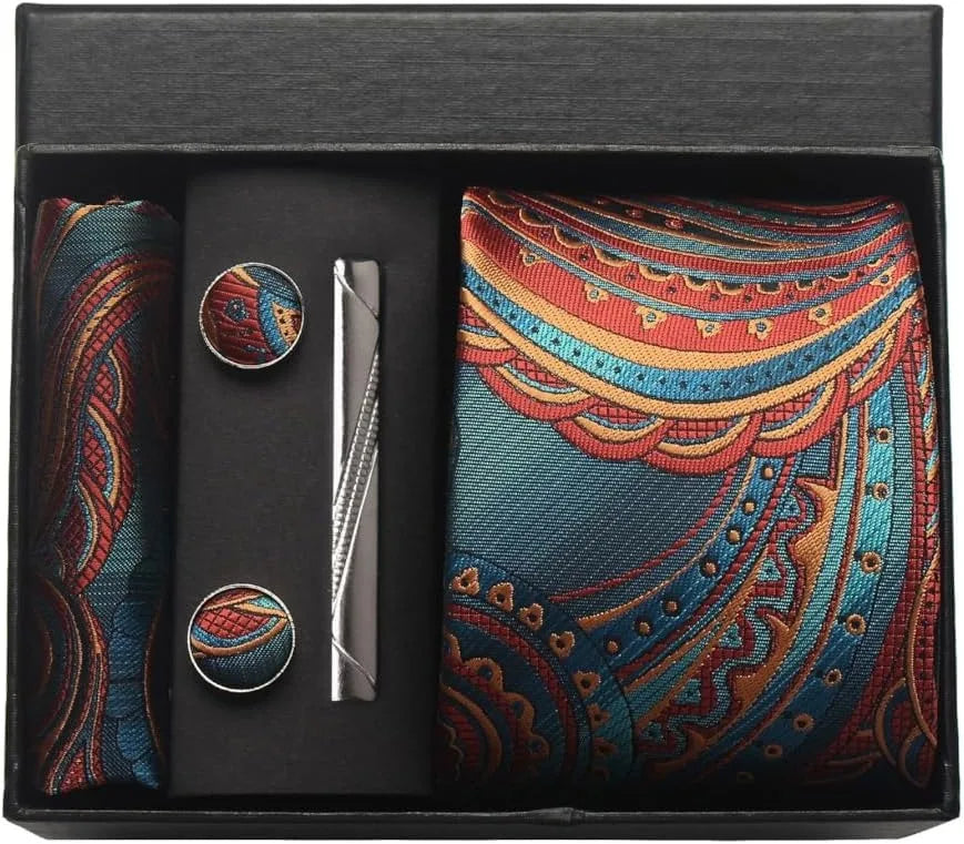 100% Silk Necktie Paisley Floral Mens Tie Top Quality Business Tie Pocket Square Tie Clip Cufflinks Set Classic For Men Gift Box