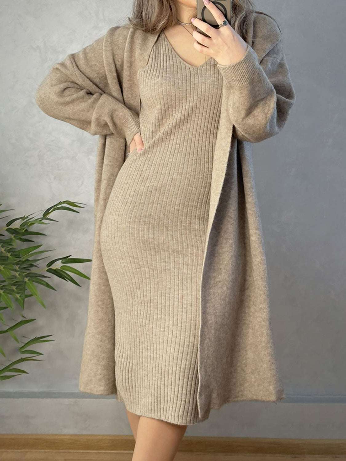v-neck-cami-dress-and-open-front-cardigan-sweater-set