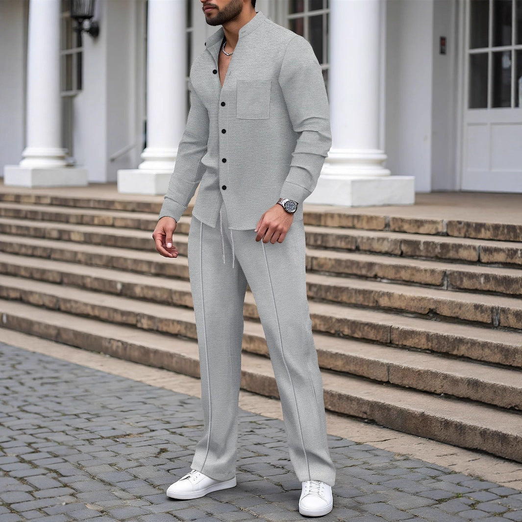 Waffle-Textured Shirt And Pants Casual Set
