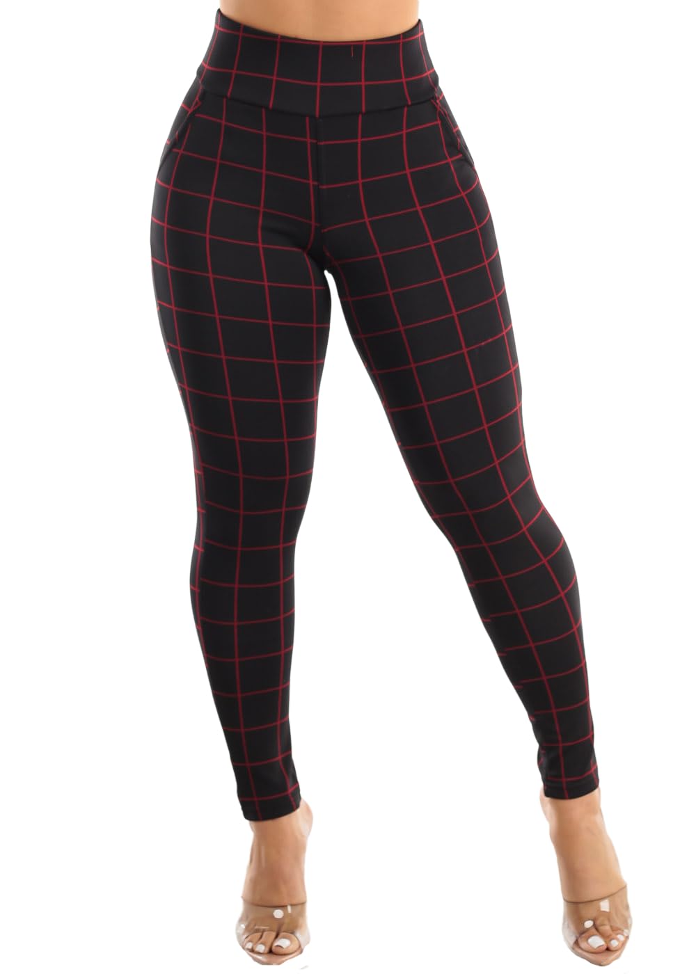 Moda Xpress Women's Juniors High Waist Pull On Stretchy Butt Lifting Black, Plaid, Printed Skinny Pants 10596R