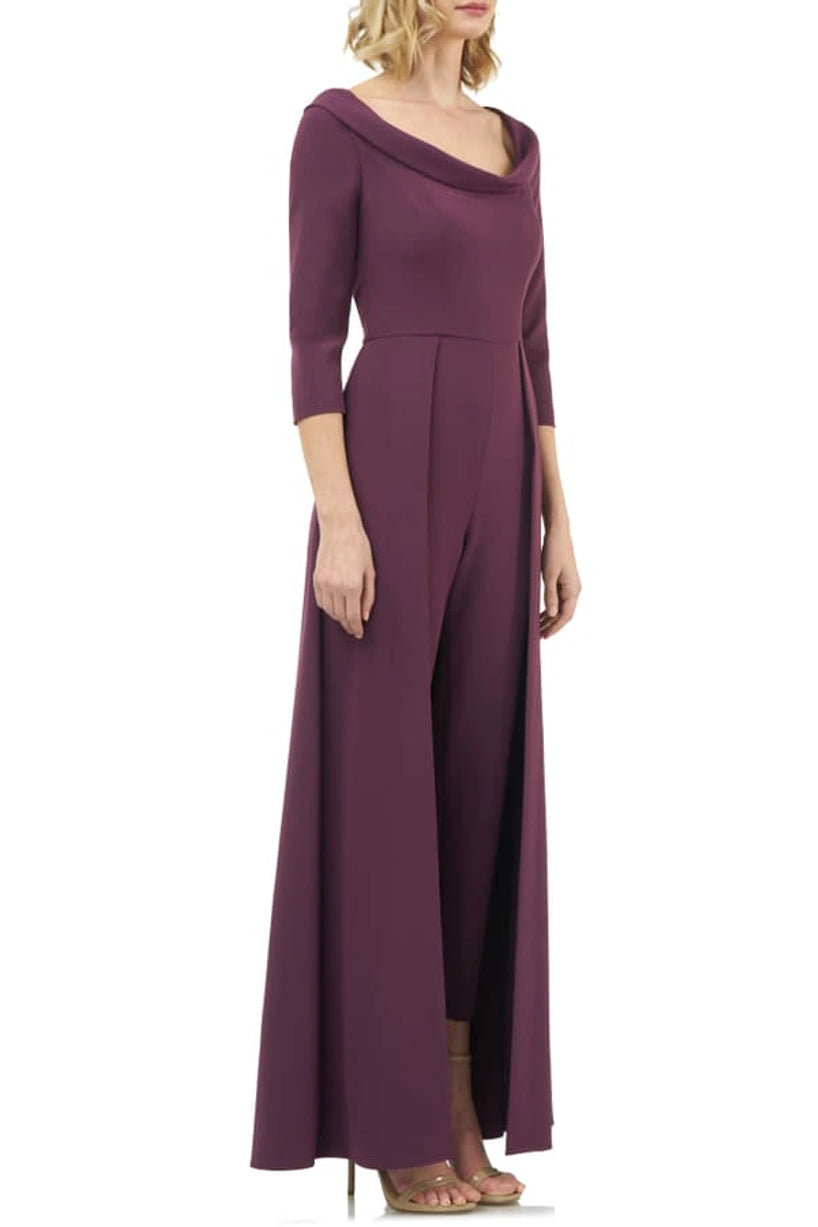 Kay Unger Scoop Neck 3/4 Sleeve Lapel Collar Solid Stretch Crepe Jumpsuit - PLUM - SIDE