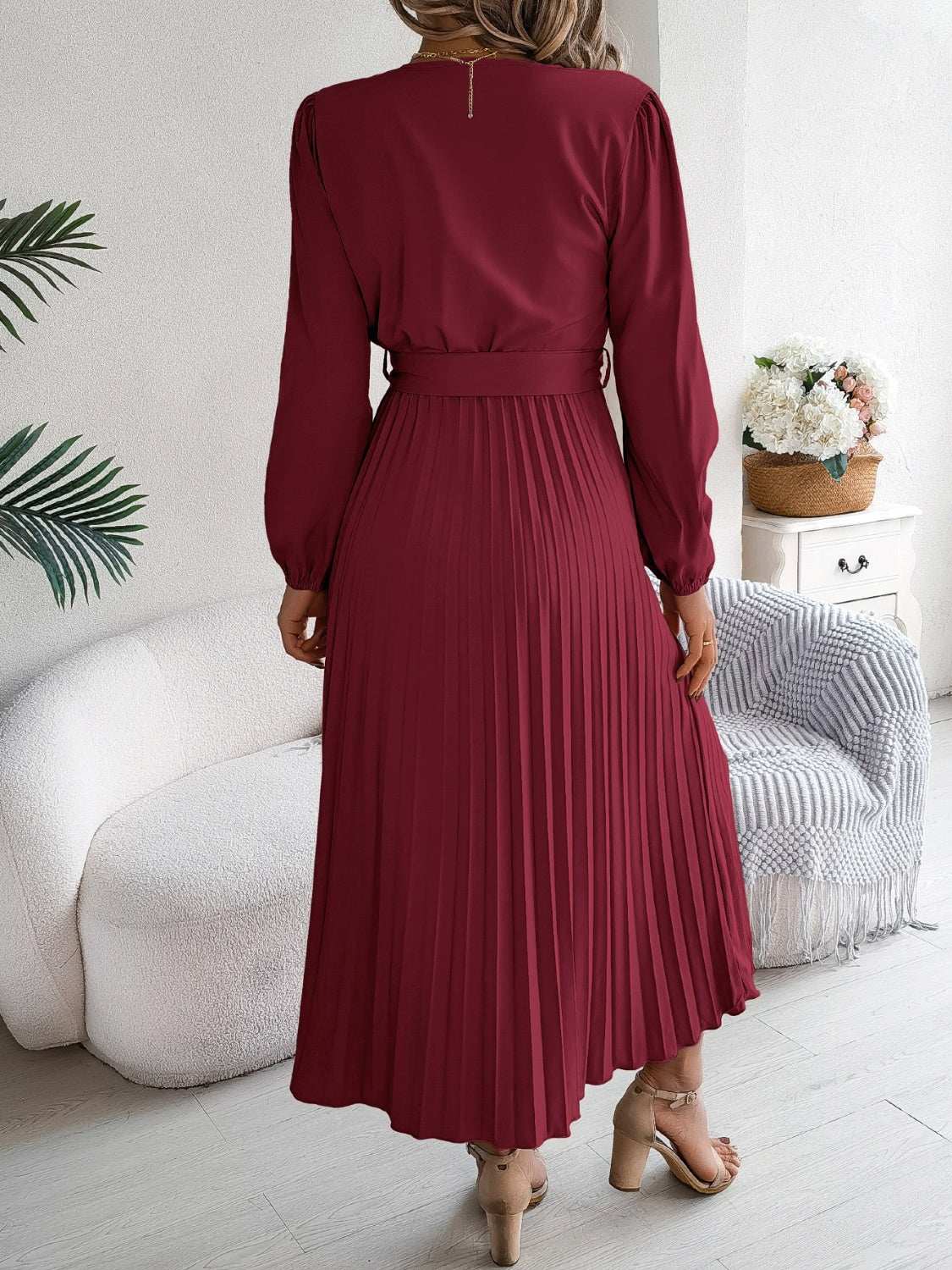pleated-tied-v-neck-long-sleeve-dress