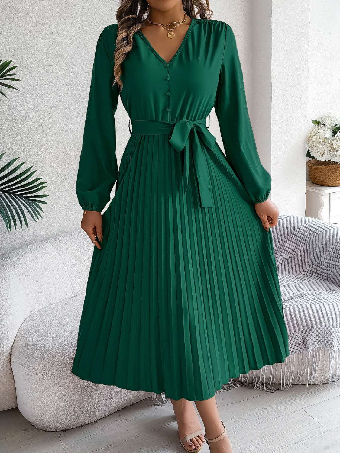 pleated-tied-v-neck-long-sleeve-dress