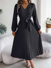 pleated-tied-v-neck-long-sleeve-dress