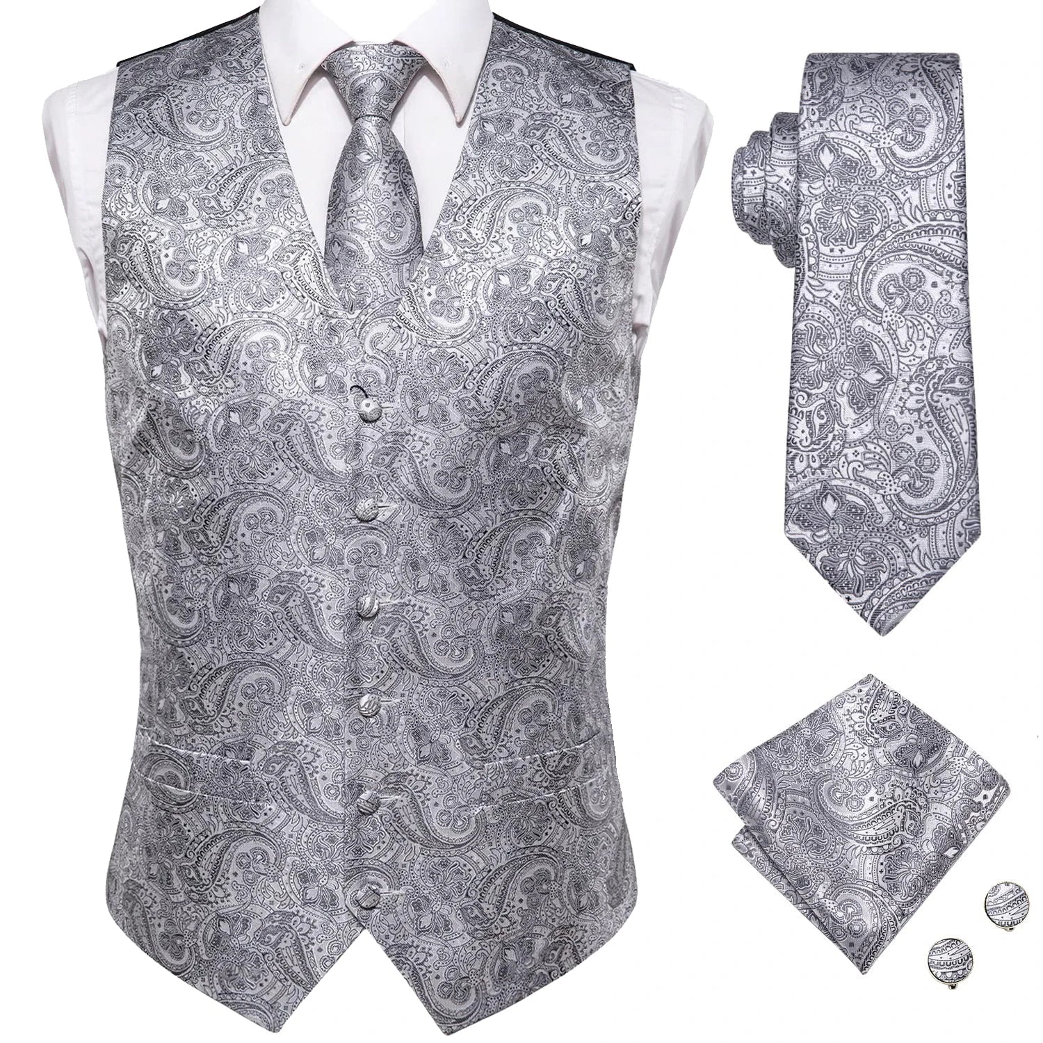 Hi-Tie 20 Color Silk Men's Vests Tie Business Formal Dress Slim Sleeveless Jacket 4PC Hanky Cufflink Blue Paisley Suit Waistcoat