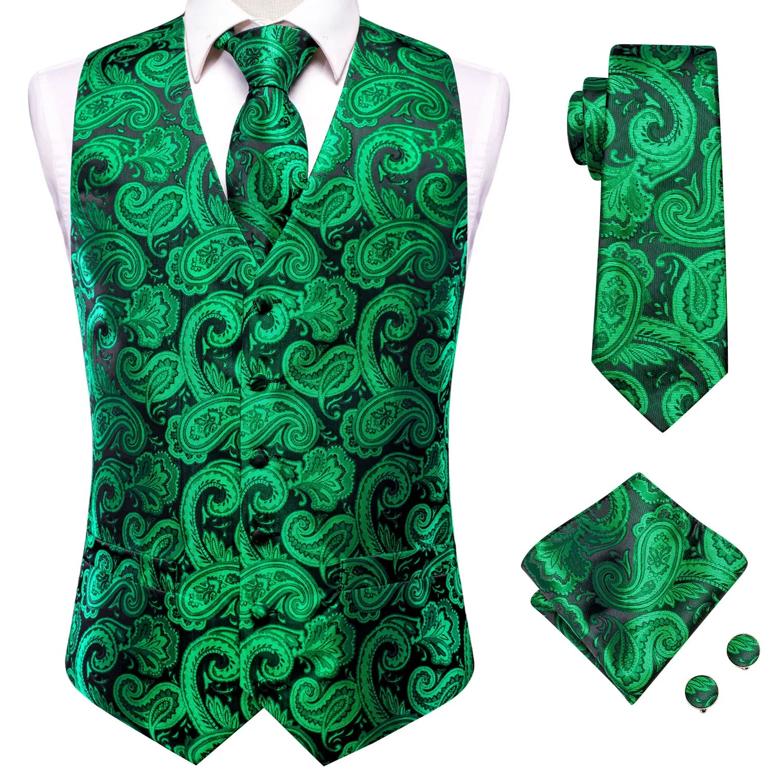 Hi-Tie 20 Color Silk Men's Vests Tie Business Formal Dress Slim Sleeveless Jacket 4PC Hanky Cufflink Blue Paisley Suit Waistcoat