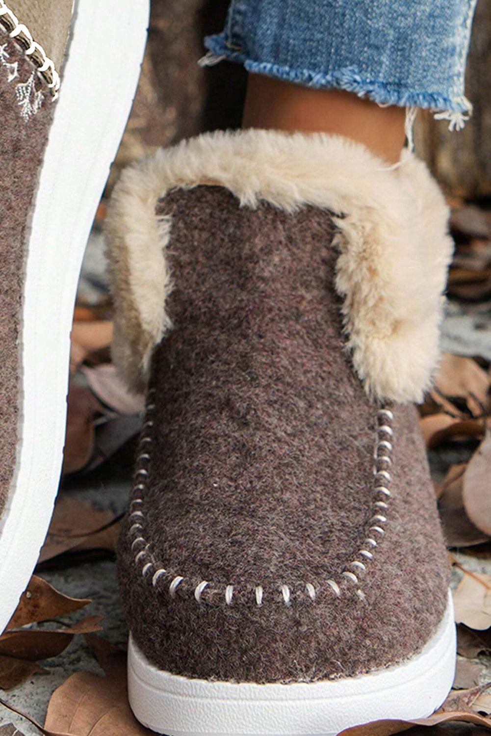 Coffee Suede Stitching Patchwork Plush Lined Anklet Boots