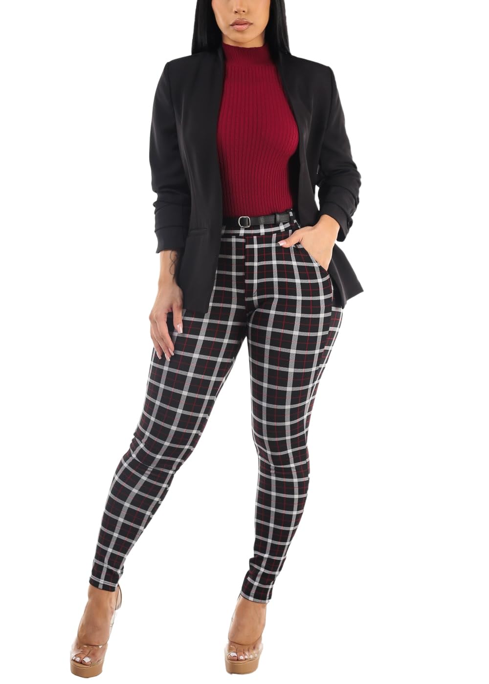 Moda Xpress Women's Juniors High Waist Pull On Stretchy Butt Lifting Black, Plaid, Printed Skinny Pants 10596R