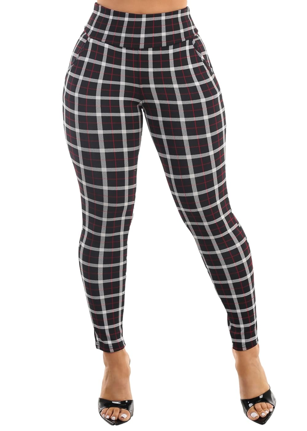 Moda Xpress Women's Juniors High Waist Pull On Stretchy Butt Lifting Black, Plaid, Printed Skinny Pants 10596R