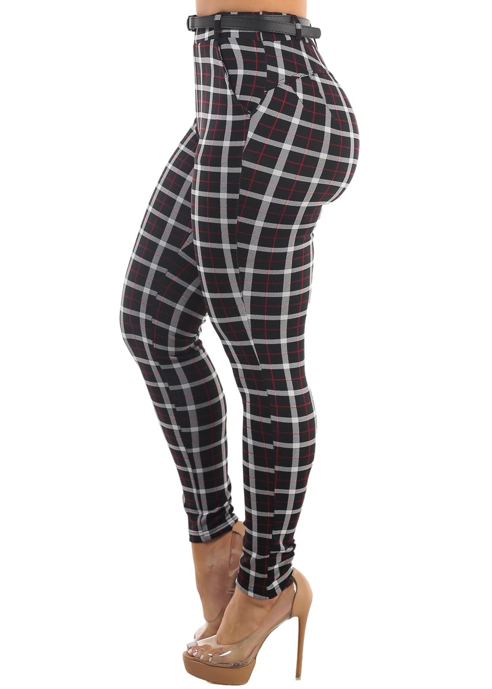 Moda Xpress Women's Juniors High Waist Pull On Stretchy Butt Lifting Black, Plaid, Printed Skinny Pants 10596R