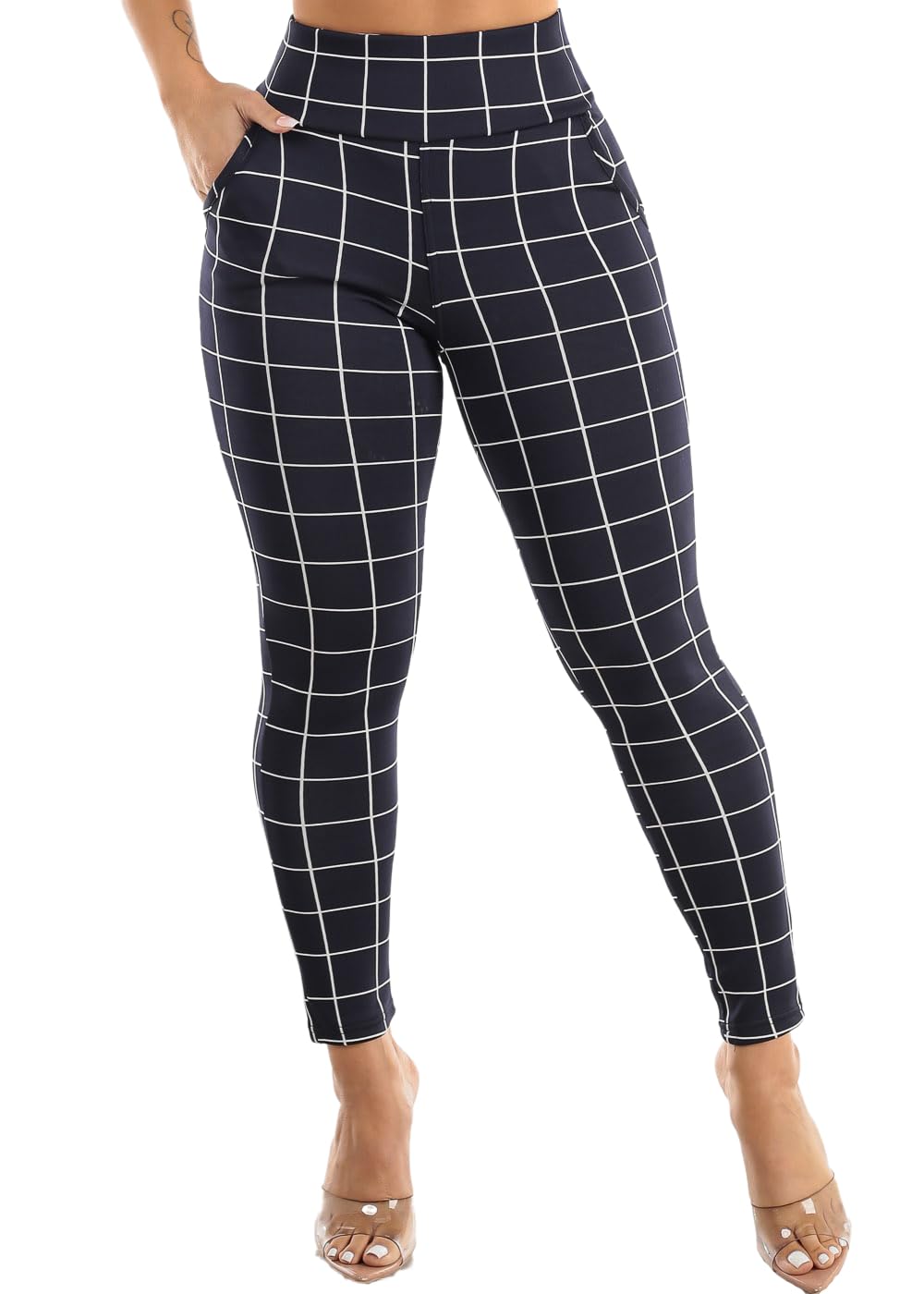 Moda Xpress Women's Juniors High Waist Pull On Stretchy Butt Lifting Black, Plaid, Printed Skinny Pants 10596R