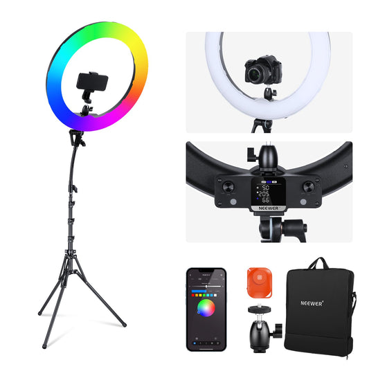 NEEWER Ring Light 18inch Kit: 55W 5600K Professional LED with Stand and Phone Holder, Soft Tube & Bag for Tattoo Lash Extension Barber Makeup Artist Studio Video Photography Lighting, RL-18