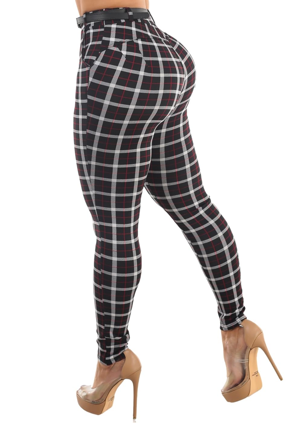 Moda Xpress Women's Juniors High Waist Pull On Stretchy Butt Lifting Black, Plaid, Printed Skinny Pants 10596R